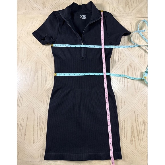 OQQ Black Ribbed Short Sleeve Zip Up Mock Neck Bodycon Mini Dress Compression S - Picture 12 of 12